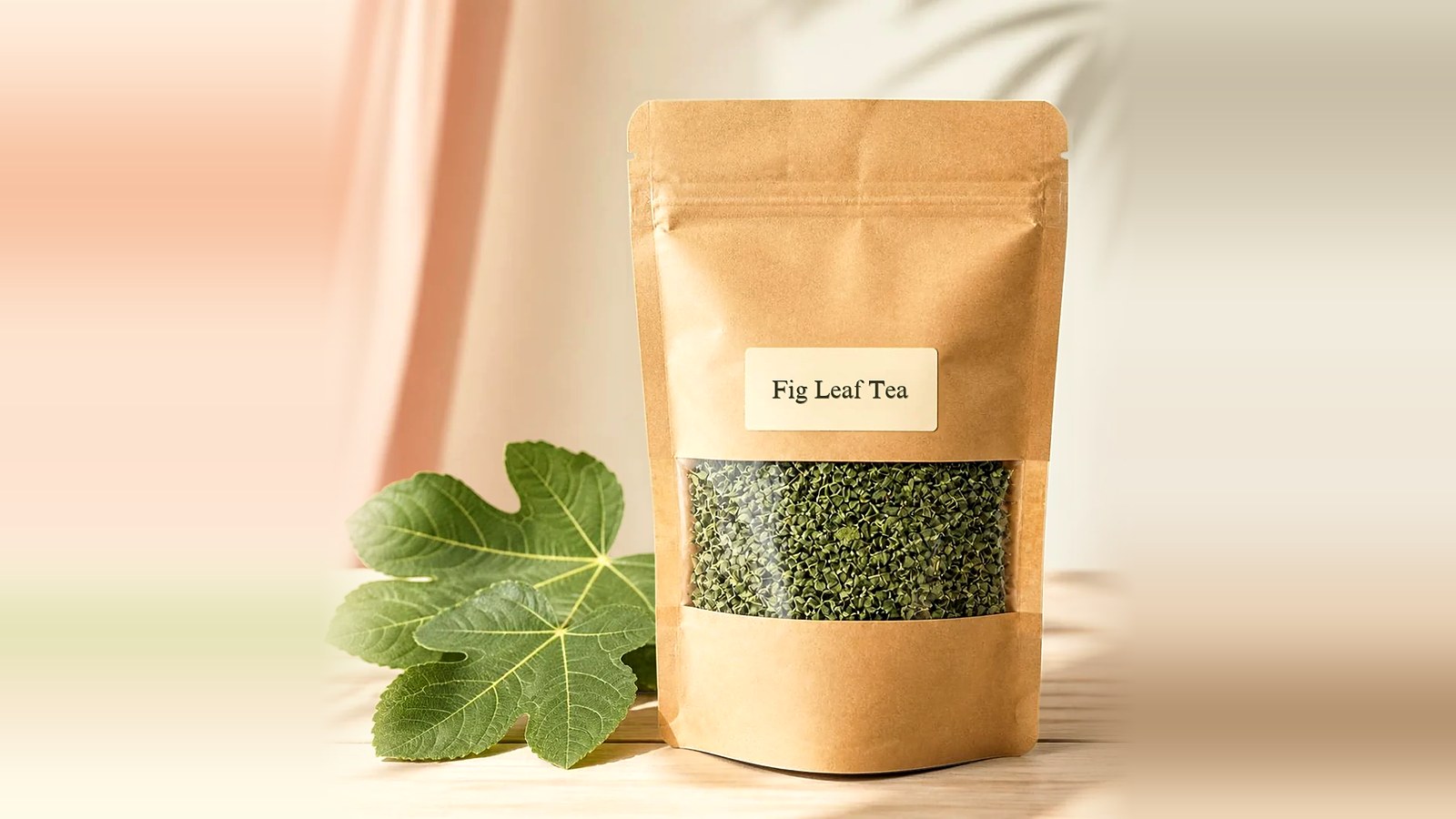 Kraft stand-up pouch of Fig Leaf Tea with a clear window, beside a fresh fig leaf